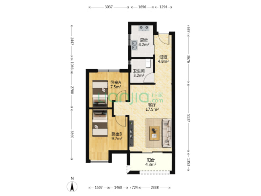 绿地城协子河畔A 2室1厅1卫 71平方