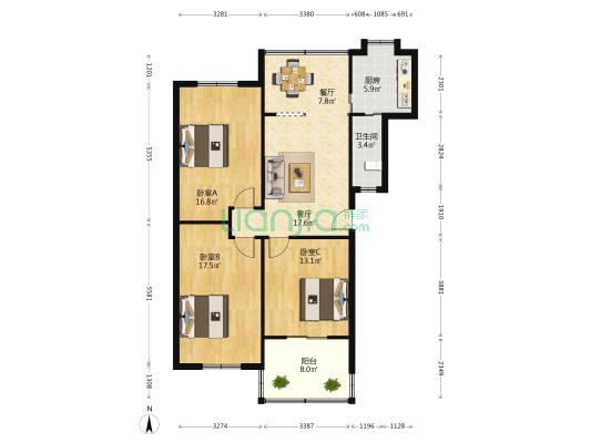 省总工会干校宿舍 3室2厅1卫 104平方
