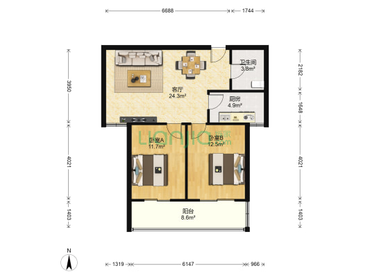 东方星座 2室1厅1卫 88平方