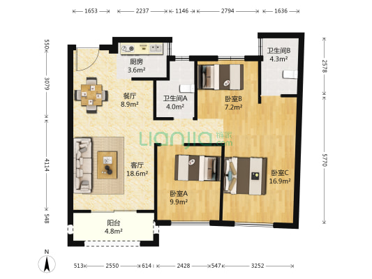 万科新都会 3室2厅2卫 93平方
