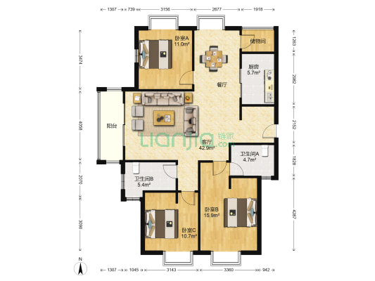 久阳文华府邸(公寓) 3室1厅2卫 135平方