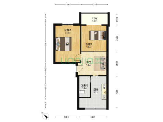 暑袜北一街93号 2室1厅1卫 53平方