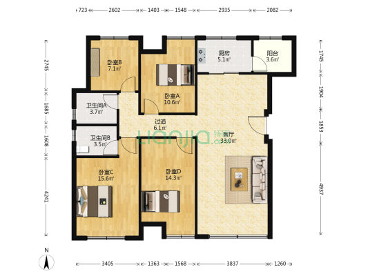 荣安林语春风B区 4室1厅2卫 115平方