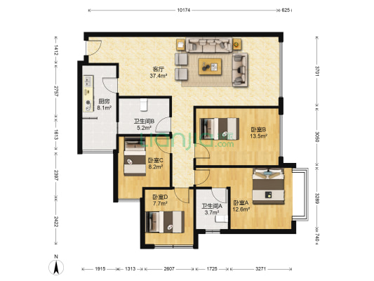 东泰翡翠郡 4室1厅2卫 125平方