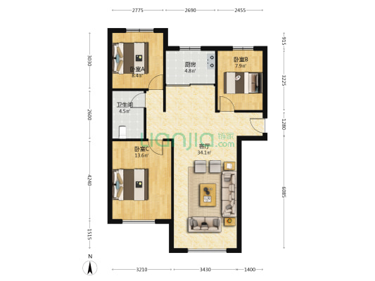 15号楼 精装修 高楼层 进门大卧室 南北通透-户型图