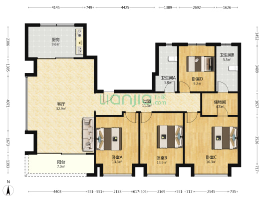 华侨城国际小镇宝教湾B区 4室1厅2卫 157平方