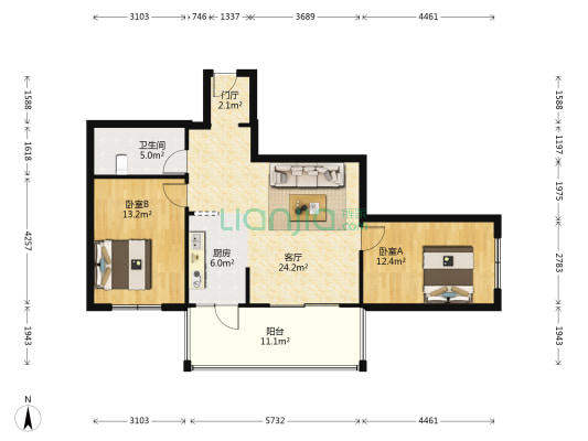 龙之港大厦(黄河路) 2室1厅1卫 99平方