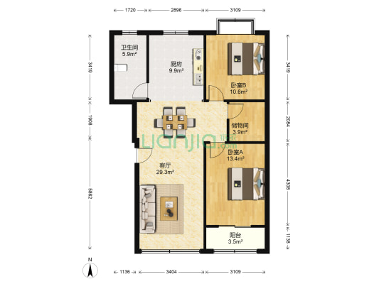 商贸街 2室1厅1卫 107平方
