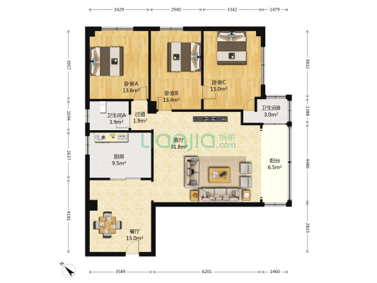 江湾大厦 3室2厅2卫 137平方