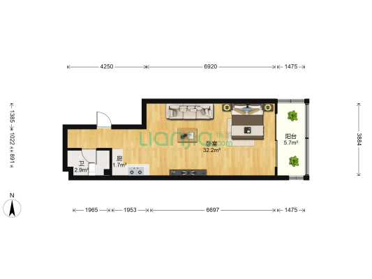 汇春广场 1室0厅1卫 58平方