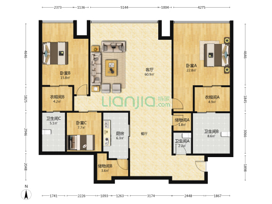 民盈国贸中心 3室1厅3卫 214平方