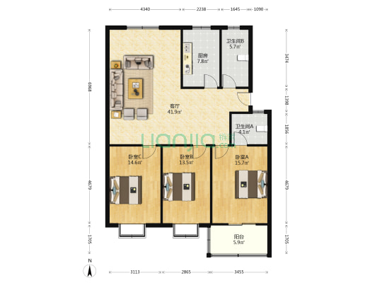 凤鸣花园 3室1厅2卫 136平方