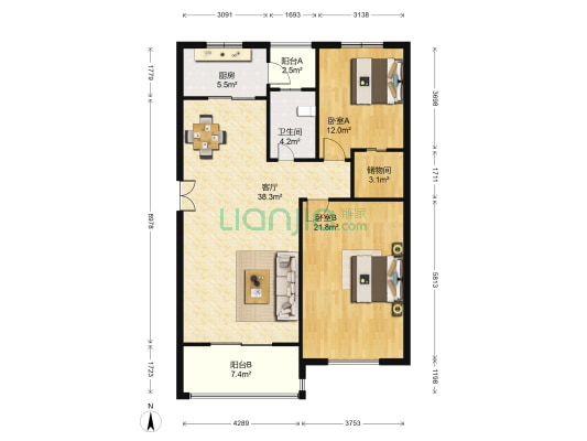 帝豪苑 2室1厅1卫 114平方