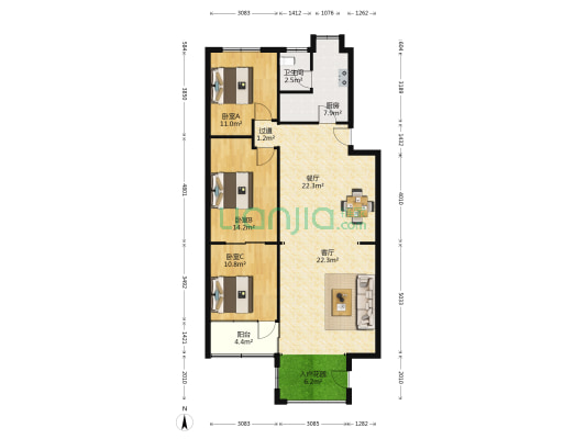 长沙市工人文化宫 3室2厅1卫 111平方