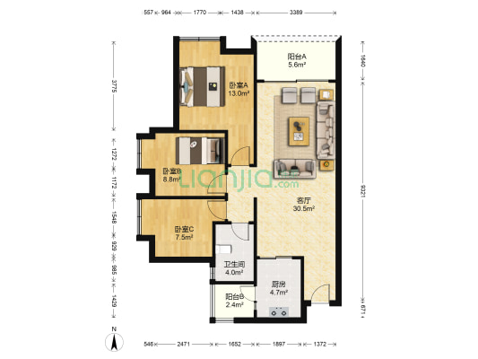 保利越秀岭南林语 3室1厅1卫 91平方