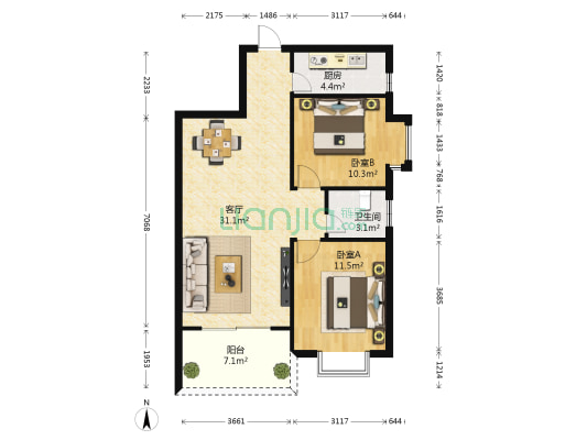 万泉城一区 2室1厅1卫 84平方