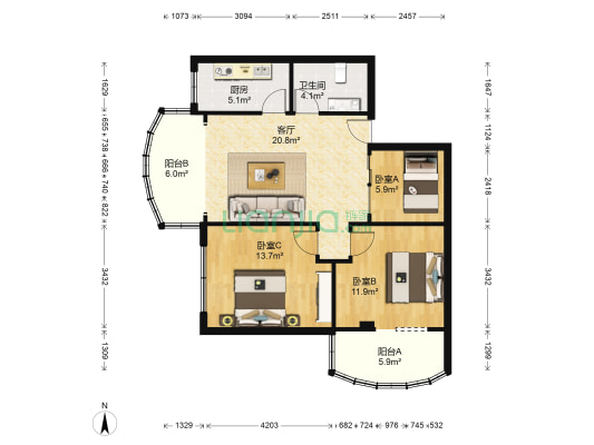 亚太花园 3室1厅1卫 98平方