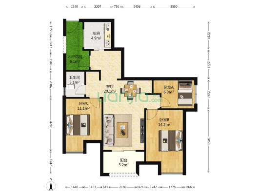 万科金色悦城四期 3室1厅1卫 94平方