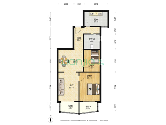 百乐公寓 2室2厅1卫 109平方