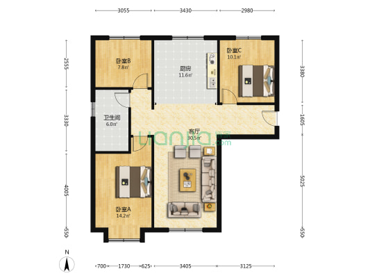南北通透的三居室，中间楼层不挡光，全屋定制的柜子。-户型图