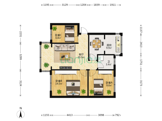 刘家营小区东区 3室1厅1卫 74平方