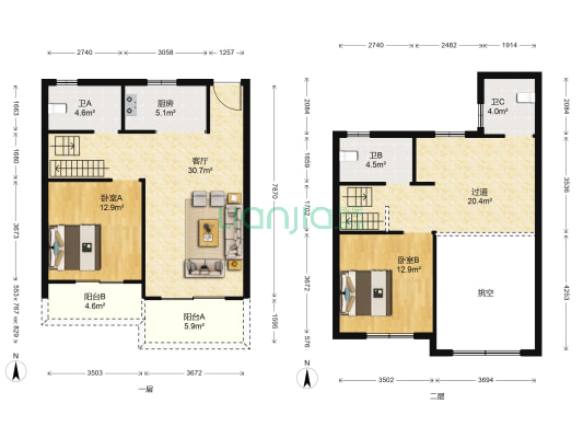 江阴院子 2室1厅3卫 132平方