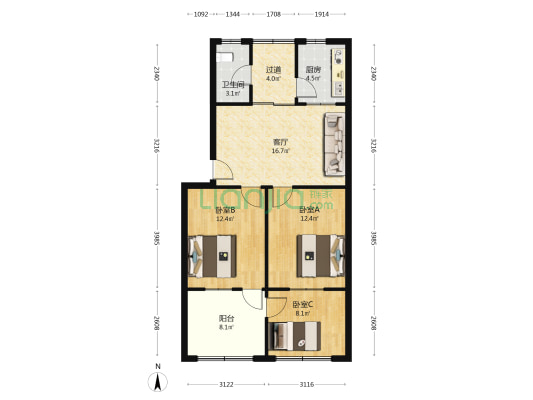 电信宿舍 3室1厅1卫 75平方