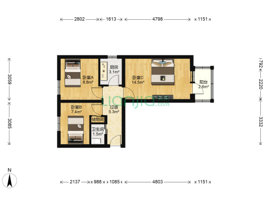 粮食局宿舍 3室0厅1卫 55平方
