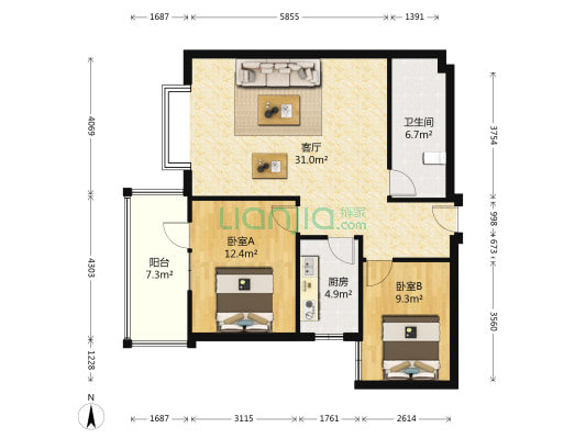 九州润园 2室1厅1卫 97平方