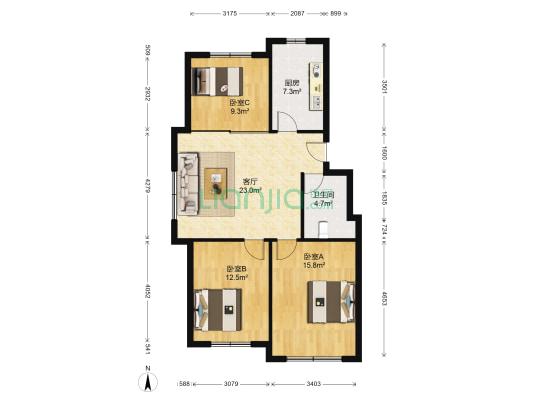 渤海湾花园 3室1厅1卫 88平方