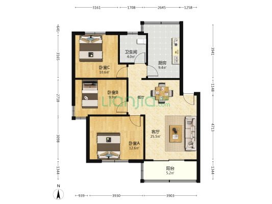 情侣南路160号小区 3室1厅1卫 107平方