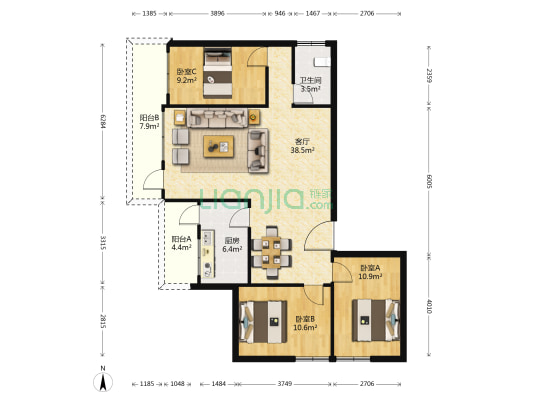 朝阳花园 3室1厅1卫 101平方