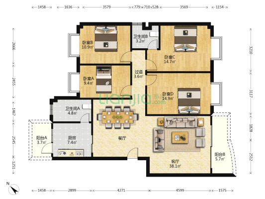 朝日豪苑 4室1厅2卫 137平方