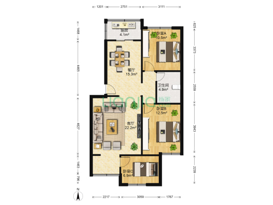 昆湖花园 3室2厅1卫 82平方