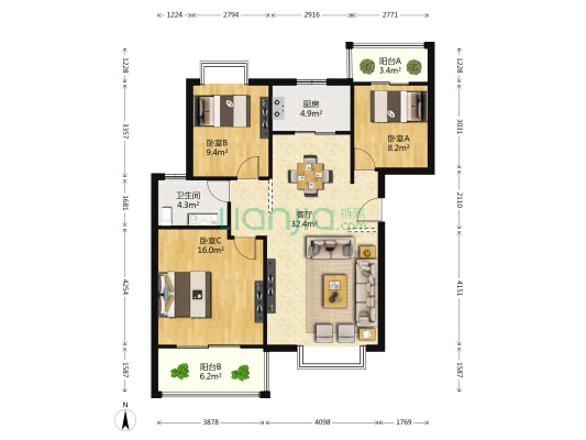 众鑫城上城 3室1厅1卫 113平方