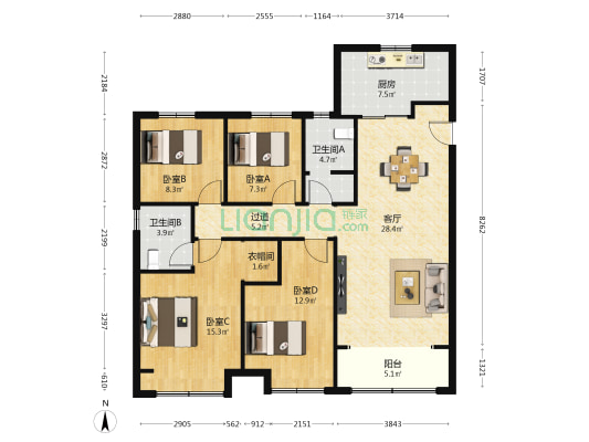 金辉长安云筑 4室1厅2卫 137平方