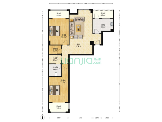 东方新天地 2室1厅1卫 134平方