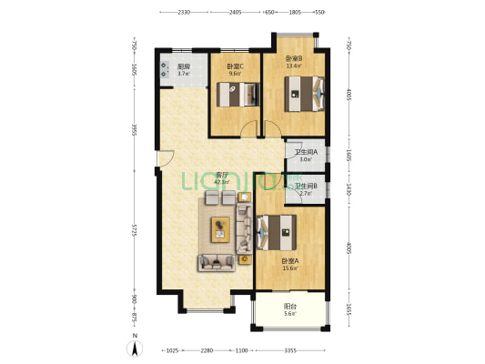 名流枫景洋房社区，精装三居，全明格局，南北通透-户型图
