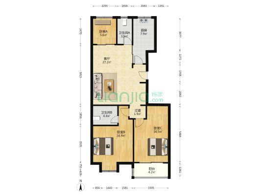 临雅苑 3室1厅2卫 88平方