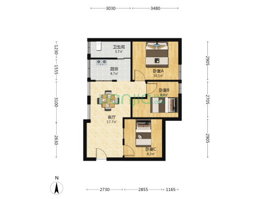 蓝天雅居 3室1厅1卫 80平方