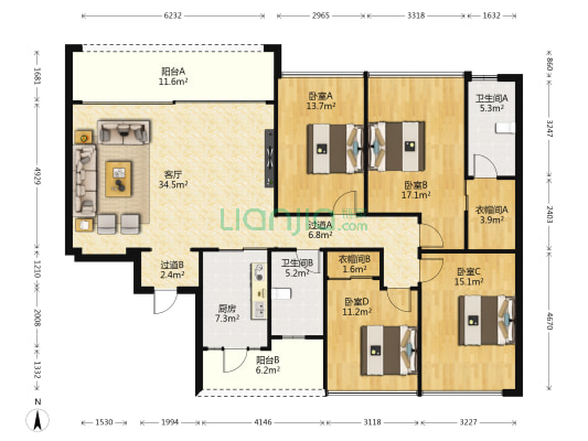 兰园 4室1厅2卫 166平方