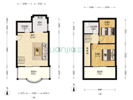 融田晶阁 2室1厅2卫 58平方