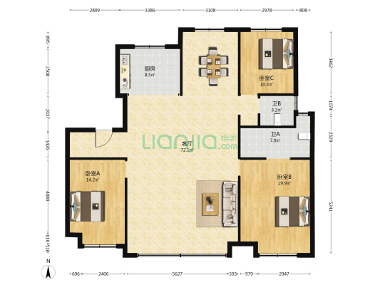 中铁阅府A区 3室1厅2卫 157平方