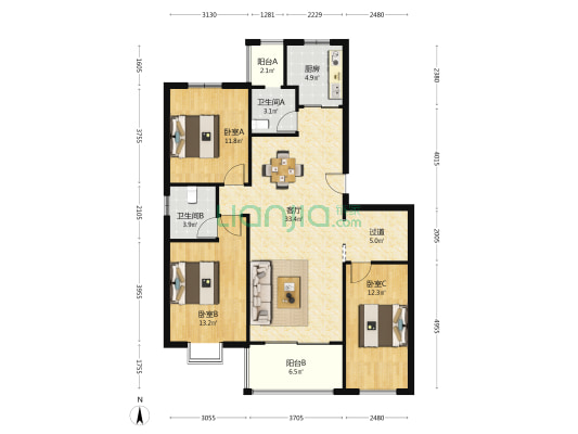 美怡居 3室1厅2卫 115平方