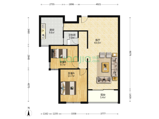 国大花园 2室1厅1卫 108平方