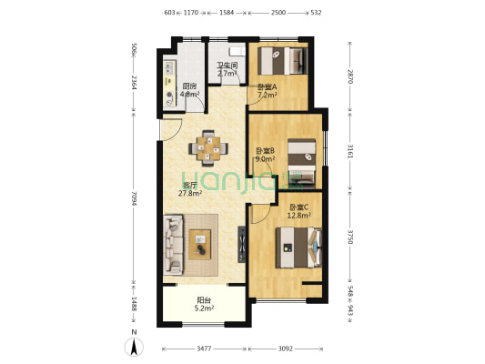 理想名家 3室1厅1卫 95平方