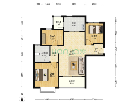 恒大文化旅游城 3室1厅1卫 107平方