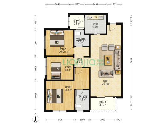 保利时代云央 3室1厅2卫 109平方
