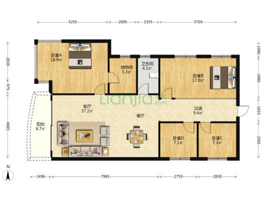 珠都国际广场 4室1厅1卫 145平方
