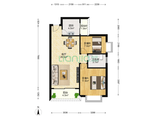 阳光明居 2室1厅1卫 75平方